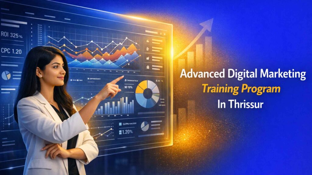Confident South Asian professional analyzing advanced marketing analytics on a digital screen — Advanced Digital Marketing Training Program In Thrissur.