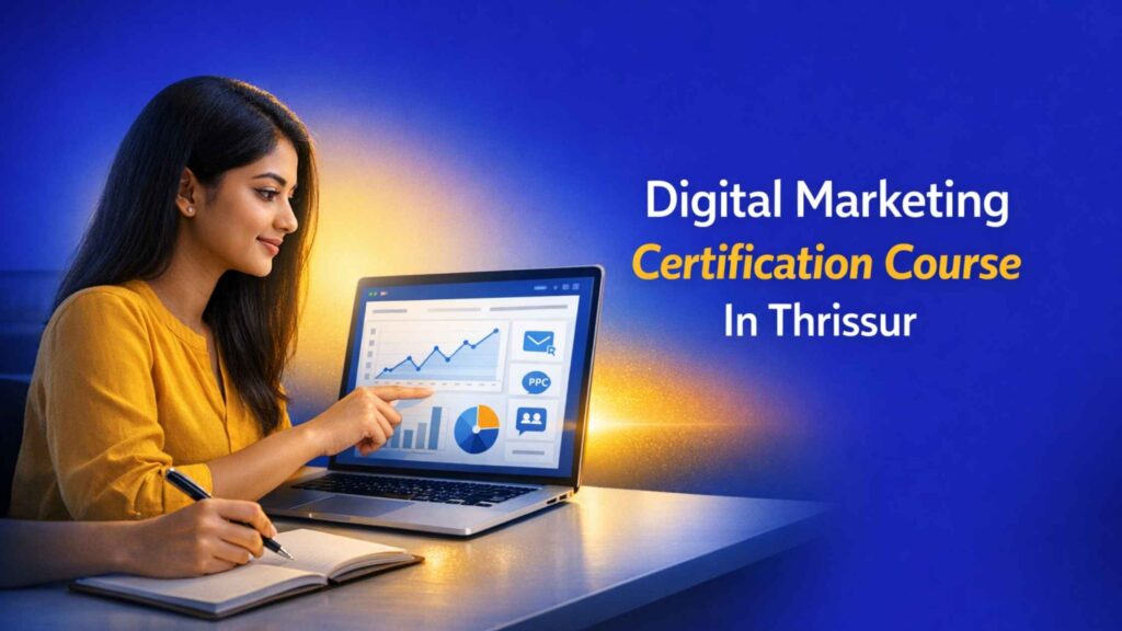 Young South Indian professional learning digital marketing on a laptop — Digital Marketing Certification Course In Thrissur.