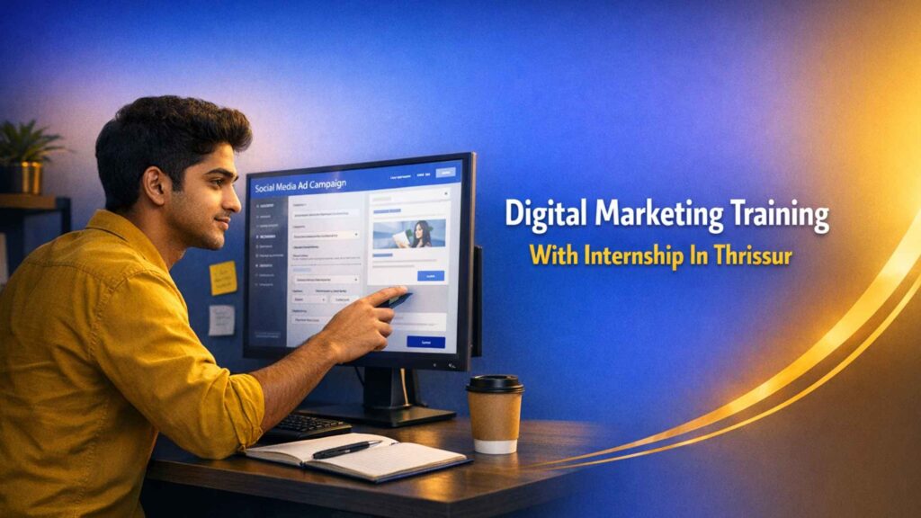 Young South Indian intern working independently on a live campaign setup — Digital Marketing Training With Internship In Thrissur.