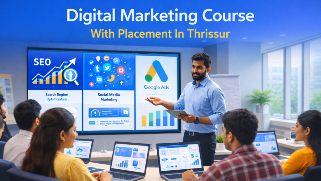 Digital Marketing Course With Placement In Thrissur classroom training session with students learning SEO social media and Google Ads