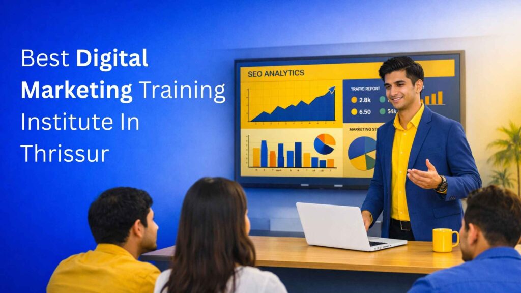 A confident trainer teaching students digital marketing using a laptop and digital screen displaying SEO analytics and growth graphs, representing Best Digital Marketing Training Institute In Thrissur.