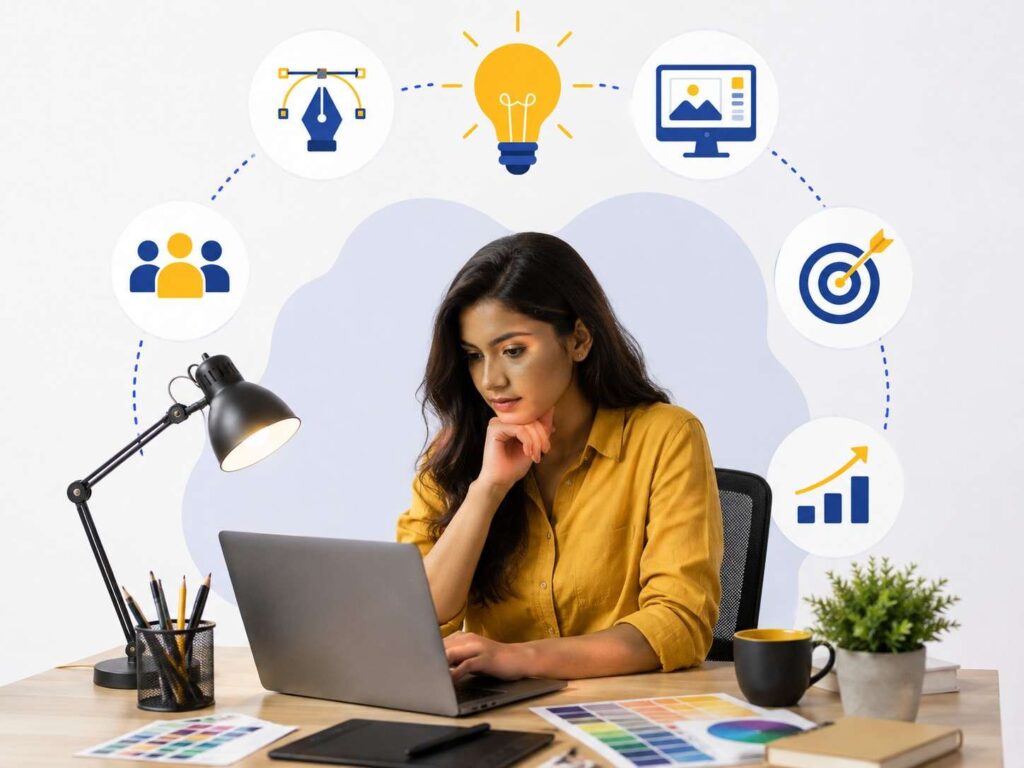 Professional graphic designer learning creative and digital design skills with career growth opportunities in a modern workspace