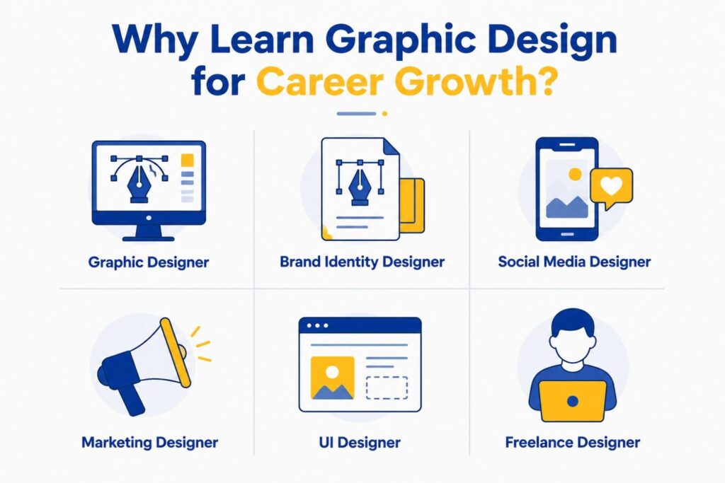 Why learn graphic design for career growth infographic showing graphic designer, brand identity designer, social media designer, marketing designer, UI designer, and freelance designer career paths