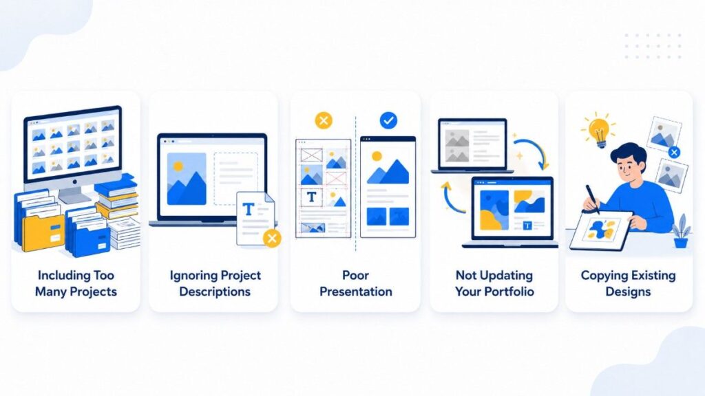 Illustrated infographic showing common portfolio mistakes and best practices for How to Build a Graphic Design Portfolio, including project selection, presentation, updates, and originality.