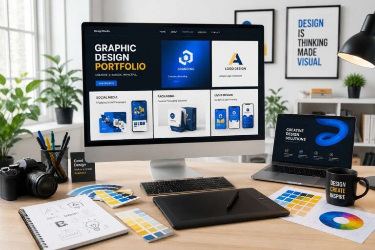 How to Build a Graphic Design Portfolio workspace featuring a modern designer's desk with branding projects, logo designs, UI concepts, packaging mockups, and creative tools.