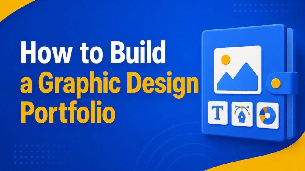 How to Build a Graphic Design Portfolio banner featuring a modern portfolio interface with graphic design tools, creative elements, and a clean professional workspace.