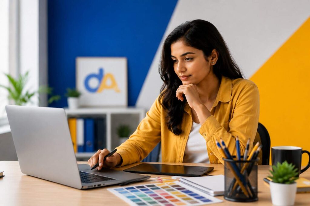 Student evaluating graphic design course options while developing creative skills in a professional design workspace