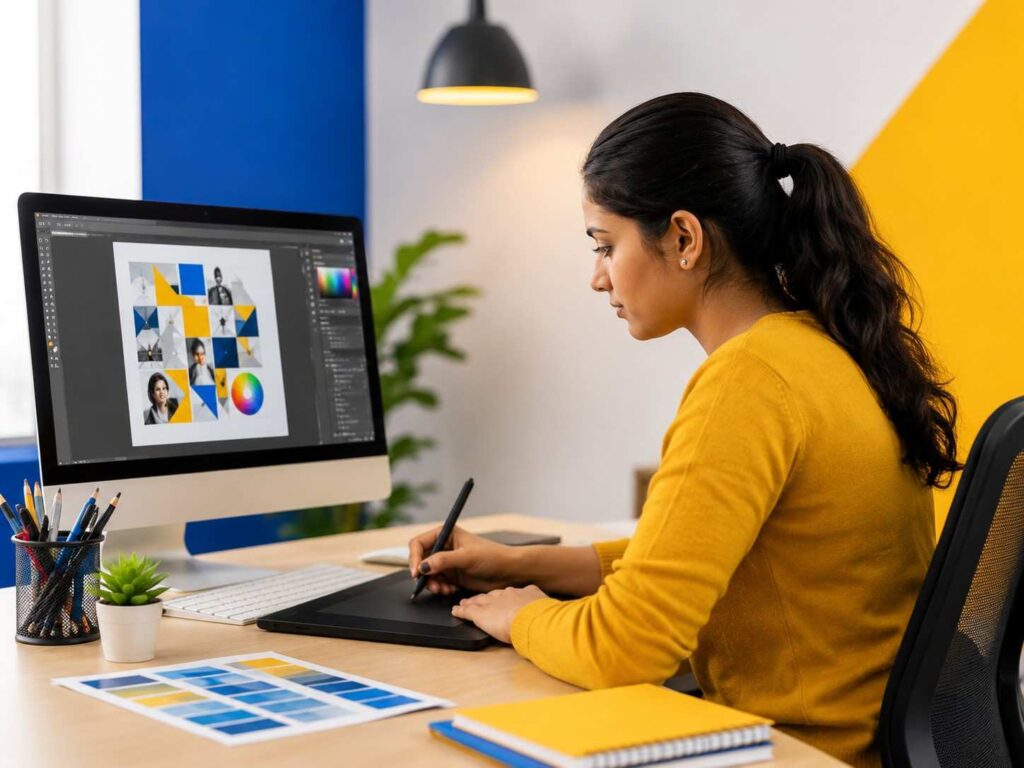 Student learning graphic design through hands-on classroom training in an offline graphic design course Thrissur