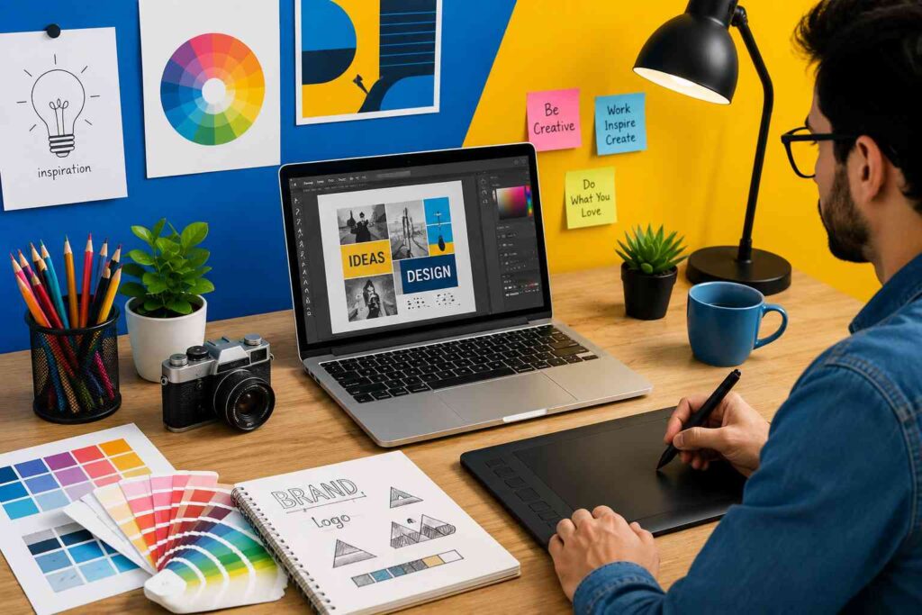Graphic designer working on a digital tablet and laptop in a creative workspace, representing freelancing opportunities for graphic designers.