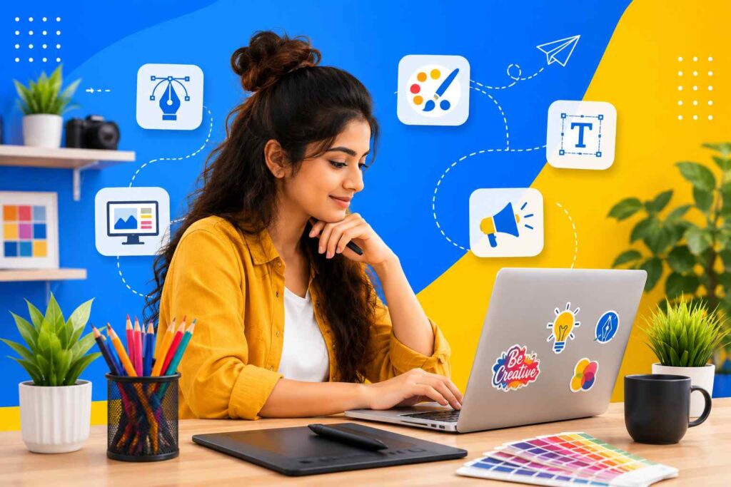 Freelancing opportunities for graphic designers featuring a creative professional working on a laptop with graphic design tools and digital artwork.