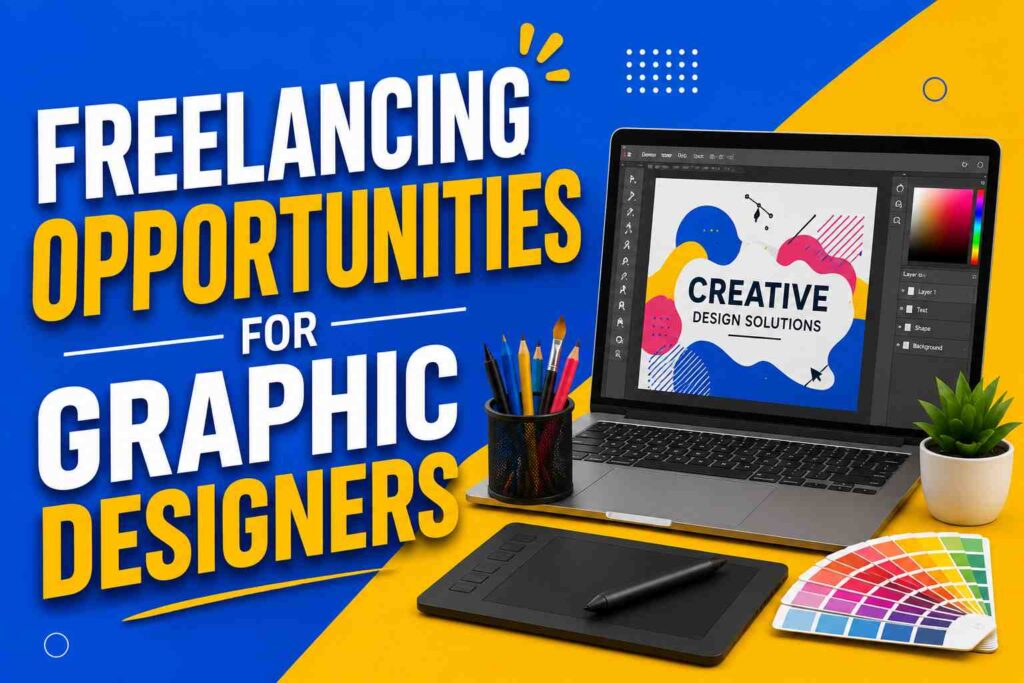 Freelancing opportunities for graphic designers showcasing a designer workspace with laptop, drawing tablet, and creative design tools.