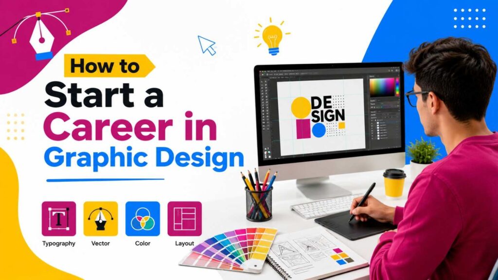 Featured image for How to Start a Career in Graphic Design showing a designer working on a computer with creative tools, colors, typography, and layout icons.