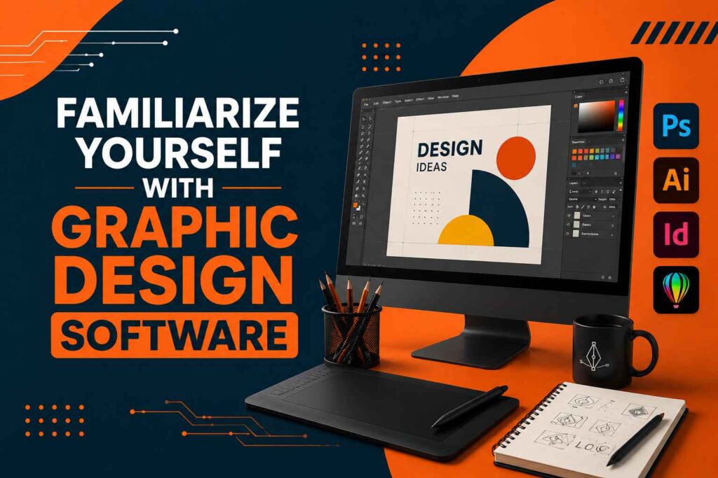 Familiarize Yourself with Graphic Design Software using professional design tools, creative software interfaces, a graphics tablet, and a modern digital workspace.