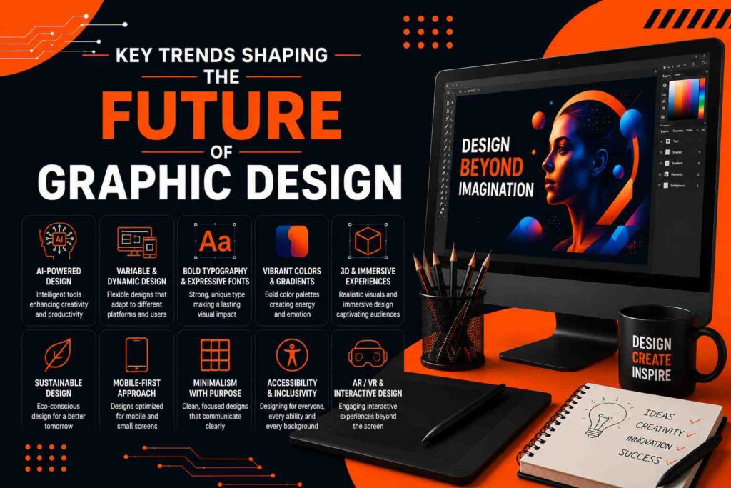 Key trends shaping the future of graphic design including AI-powered design, immersive experiences, bold typography, and digital innovation
