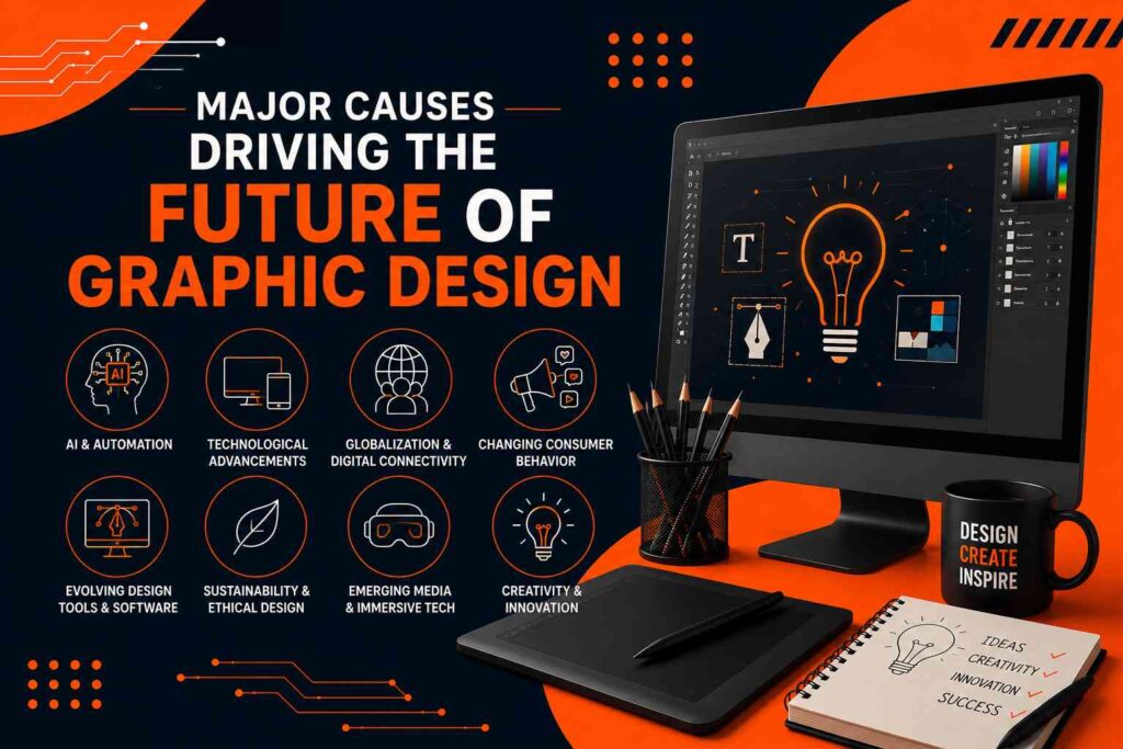 Major causes driving the future of graphic design including AI, automation, technology, innovation, and digital transformation