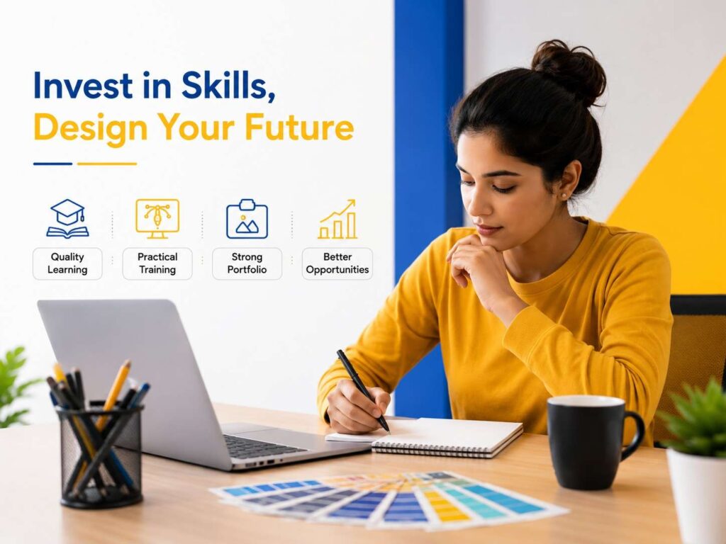 Graphic design course fees guide highlighting skill development, practical training, portfolio building, and career opportunities