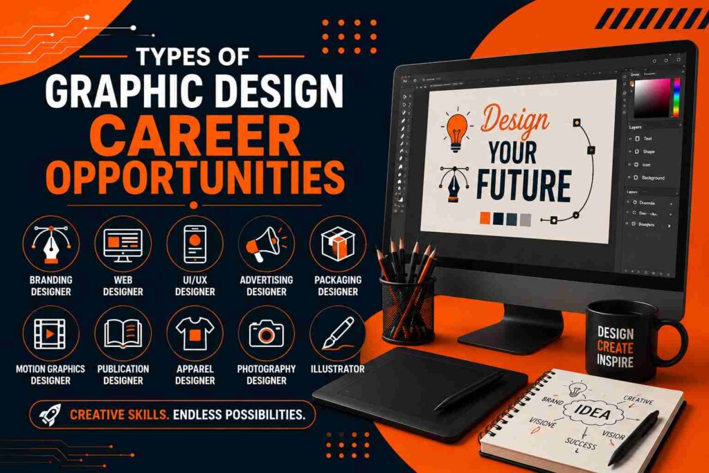 Types of Graphic Design Career Opportunities infographic showing various design career paths including branding, web design, UI/UX design, advertising, packaging design, motion graphics, and illustration.