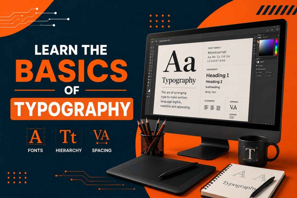 Learn the Basics of Typography as part of How to Prepare for a Graphic Design Course, featuring font hierarchy, spacing, typefaces, and a modern graphic design workspace.