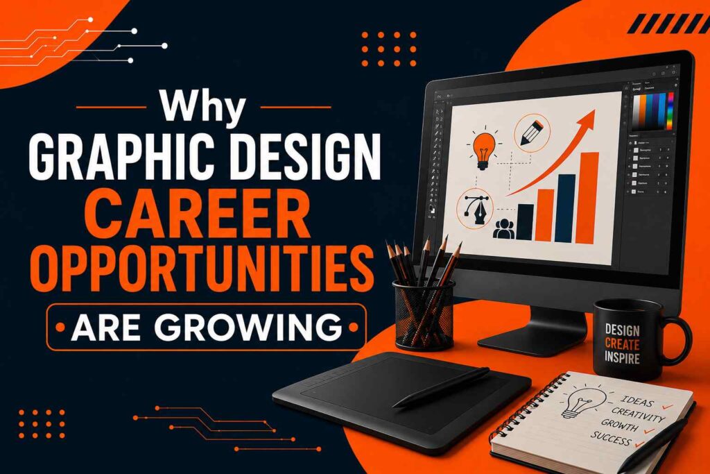Why Graphic Design Career Opportunities are growing infographic featuring a designer workspace, growth chart, digital design tools, and creative career elements in orange and dark blue colors.