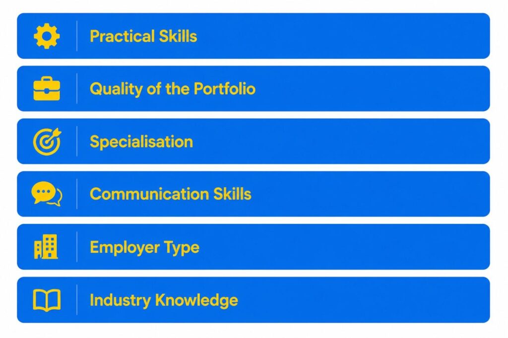 Infographic illustrating the main factors that influence digital marketing salary, including Practical Skills, Quality of the Portfolio, Specialisation, Communication Skills, Employer Type, and Industry Knowledge in a blue and yellow design.