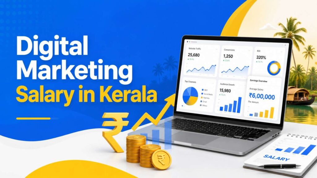 Digital Marketing Salary in Kerala featured image with salary analytics, rupee coins, growth charts, and a digital marketing dashboard.