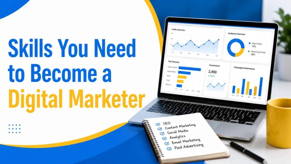 Skills You Need to Become a Digital Marketer featured image with a laptop displaying marketing analytics and a digital skills checklist.