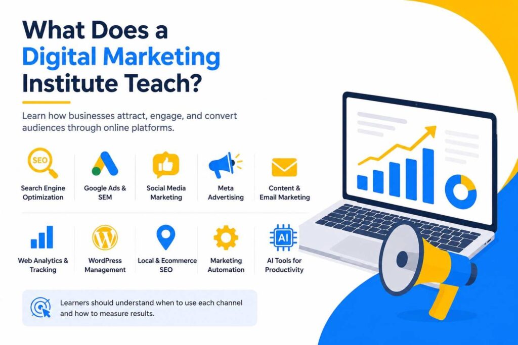 Illustration showing the key topics taught in a digital marketing institute, including SEO, Google Ads, social media marketing, analytics, WordPress, automation, and AI tools, alongside a laptop displaying marketing performance.