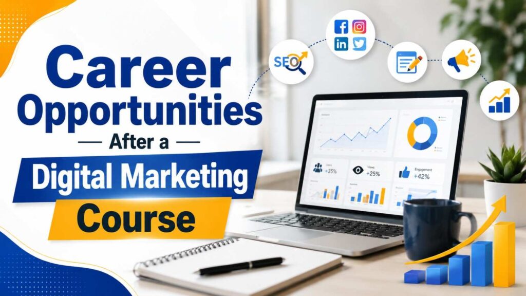 Career Opportunities After a Digital Marketing Course featured image with a laptop displaying marketing analytics, SEO, social media, content, and growth elements.