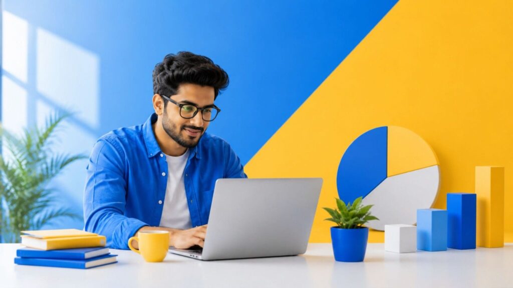 Student learning digital marketing skills on a laptop at a Digital Marketing Institute in Thrissur with a modern workspace and analytics background