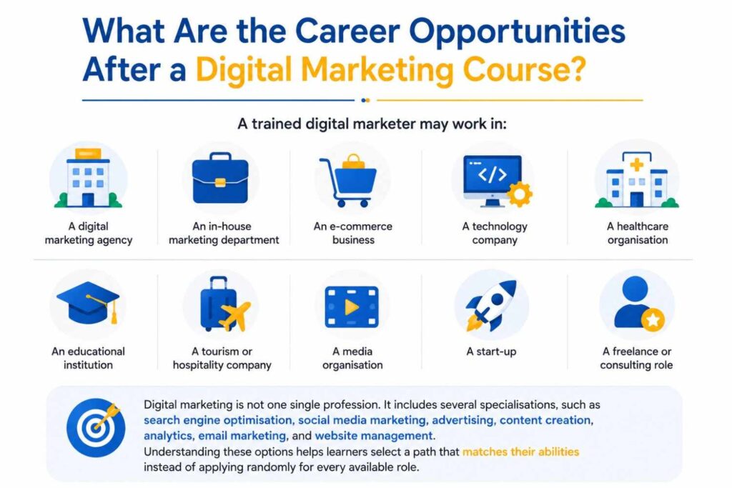 Infographic illustrating career opportunities after a digital marketing course, including digital marketing agencies, in-house marketing teams, e-commerce businesses, technology companies, healthcare organisations, educational institutions, tourism and hospitality companies, media organisations, start-ups, and freelance careers.
