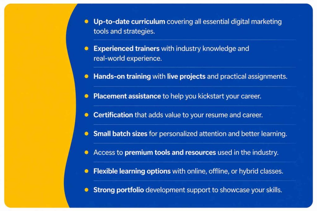 Infographic outlining the key features of the right digital marketing institute, including updated curriculum, experienced trainers, practical training, certifications, and placement support.