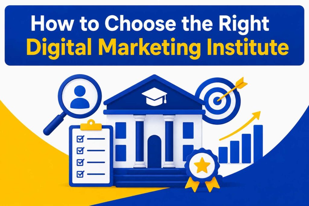 Illustration showing how to choose the right digital marketing institute with education, checklist, target, and growth chart icons.