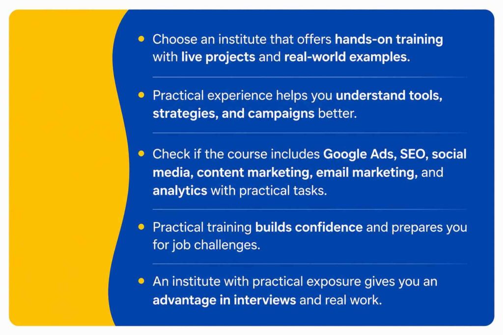 Infographic highlighting the importance of practical training in a digital marketing institute with key points on live projects, real-world experience, and hands-on learning.