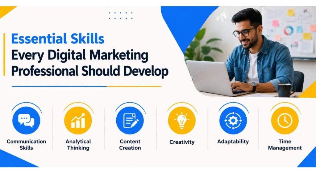 Essential skills every student learns at a Digital Marketing Institute in Thrissur, including communication, analytical thinking, content creation, creativity, adaptability, and time management.