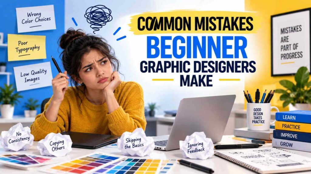 COMMON MISTAKES BEGINNER GRAPHIC DESIGNERS MAKE Every designer starts somewhere. Making mistakes is a normal part of learning, but recognizing repeated problems can make the learning process more productive. Some of the most frequent mistakes include: Ignoring design fundamentals Using too many fonts Choosing colors without a clear purpose Creating cluttered layouts Overusing design effects Copying other designers Depending too much on templates Ignoring typography Not understanding the target audience Failing to review and refine designs These mistakes do not mean a beginner cannot become a successful designer. They simply show areas where more practice and understanding are needed.