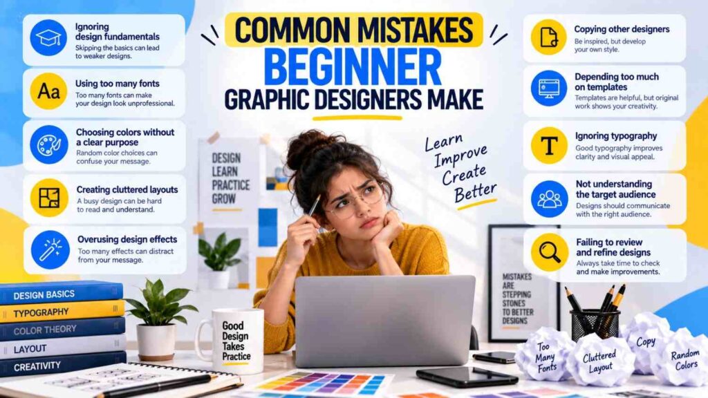 Common mistakes beginner graphic designers make, including ignoring design fundamentals, using too many fonts, unclear color choices, cluttered layouts, excessive effects, copying others, overusing