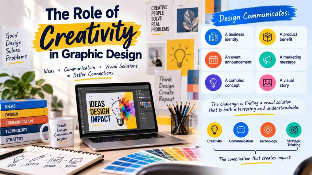 The role of creativity in graphic design, showing how creativity, communication, technology, and strategic thinking help solve visual communication problems.