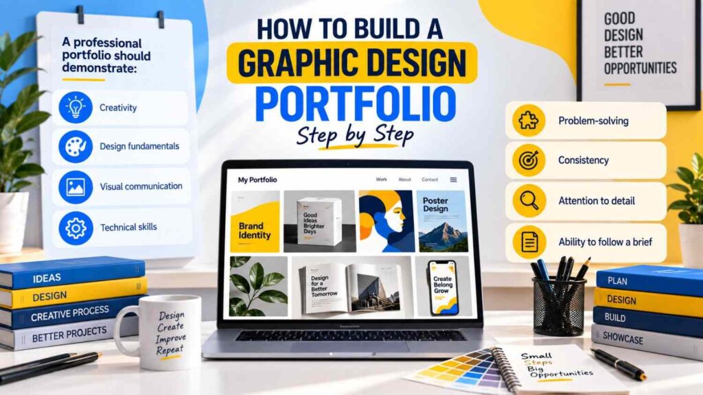 How to build a graphic design portfolio step by step, showcasing creativity, design fundamentals, visual communication, technical skills, problem-solving, consistency, attention to detail, and following a brief.