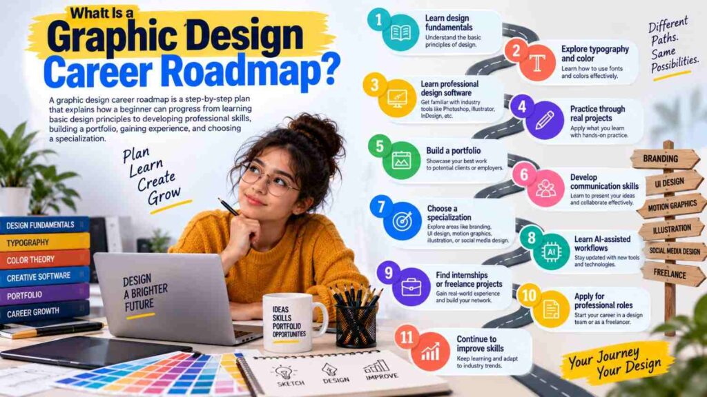 What is a graphic design career roadmap? An infographic showing the steps from learning design fundamentals and software to building a portfolio, gaining experience, choosing a specialization, using AI-assisted workflows, and pursuing professional opportunities.