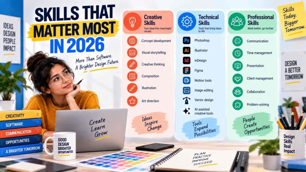 Skills that matter most in graphic design in 2026, covering creative skills, technical skills, and professional skills.