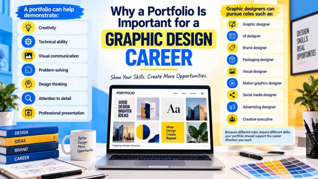 Why a portfolio is important for a graphic design career, highlighting creativity, technical ability, visual communication, problem-solving, design thinking, and professional presentation.